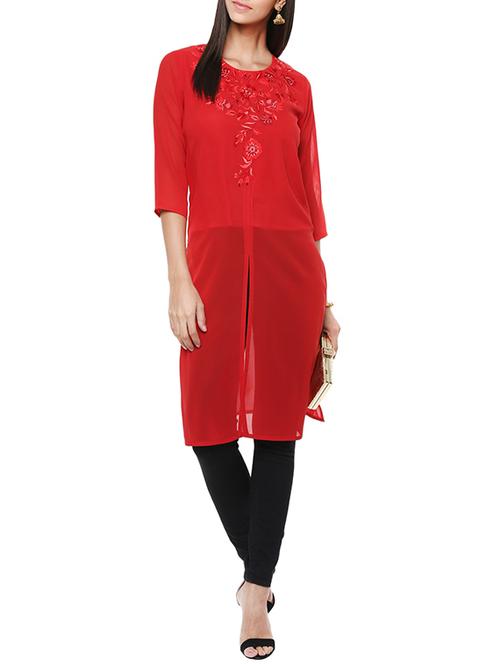 red embroidered georgette tunic - 13103813 - Standard Image - 1