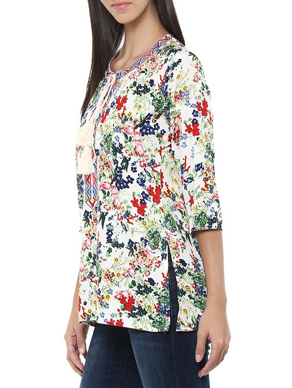 cream three quarter sleeve straight kurti - 13103847 - Zoom Image - 2
