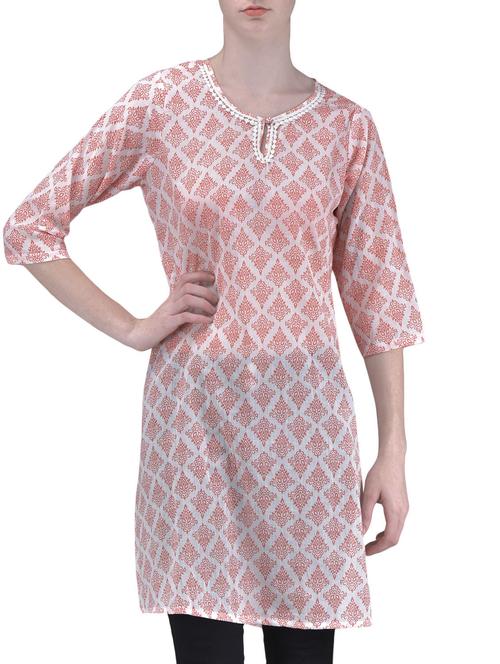 white and orange cotton printed kurta - 1310389 -  Standard Image - 0