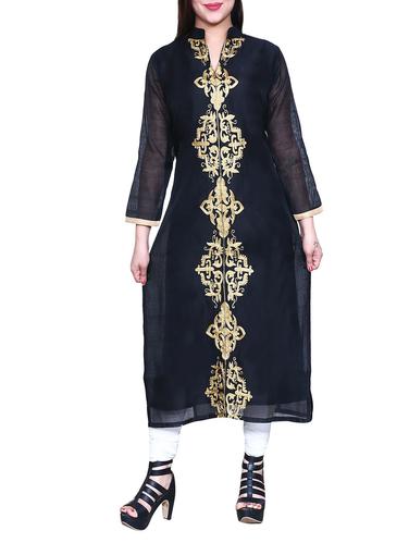 black cotton straight kurta - 13106760 - Very Small Image - 1