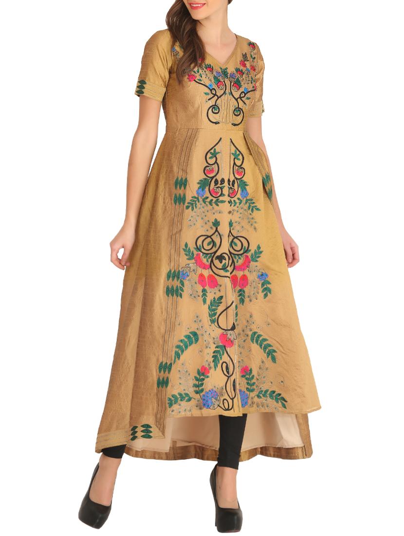 golden yellow embroidered dupion high-low kurta - 13109440 - Zoom Image - 1
