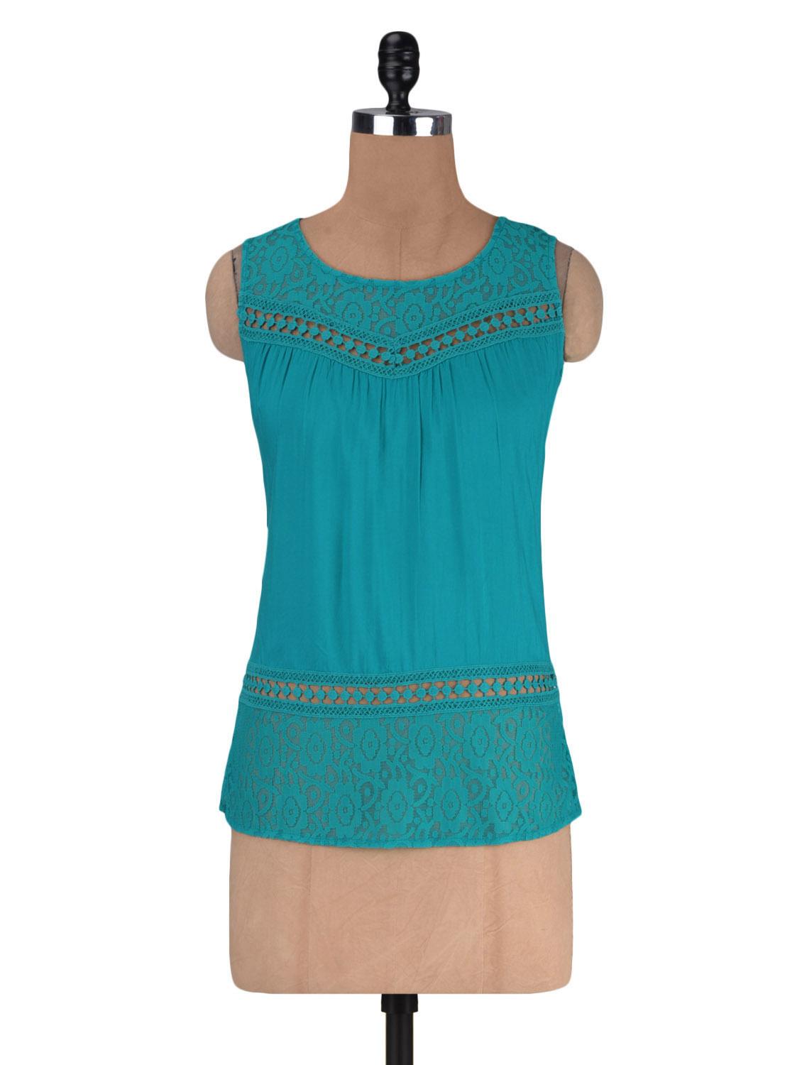blue color rayon and lace solid sleeveless top - 1311785 - Zoom Image - 1