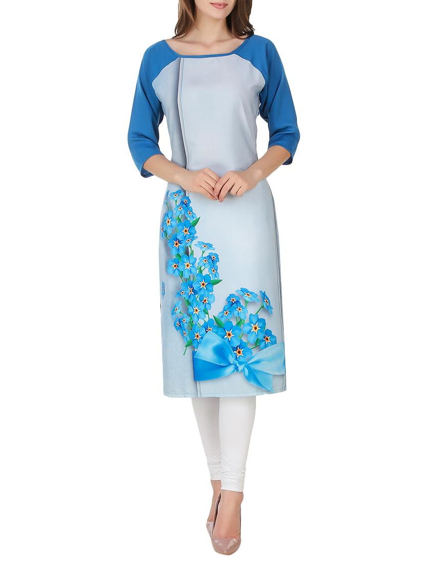blue crepe printed straight kurta - 13128759 - Zoom Image - 1