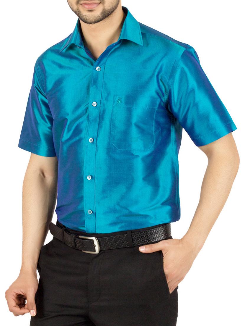 blue silk blend casual shirt - 13158696 - Zoom Image - 2