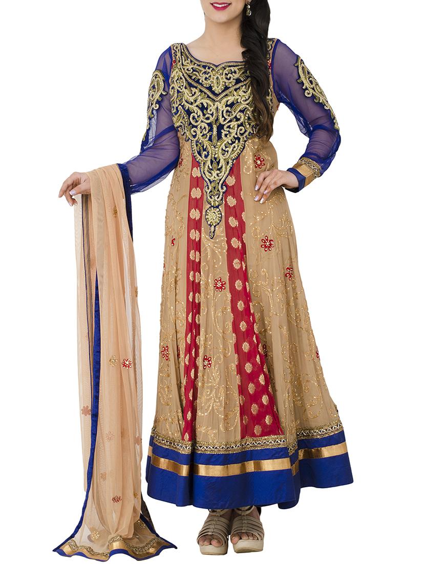 beige georgette flared suits stitched suit - 13159177 - Zoom Image - 1