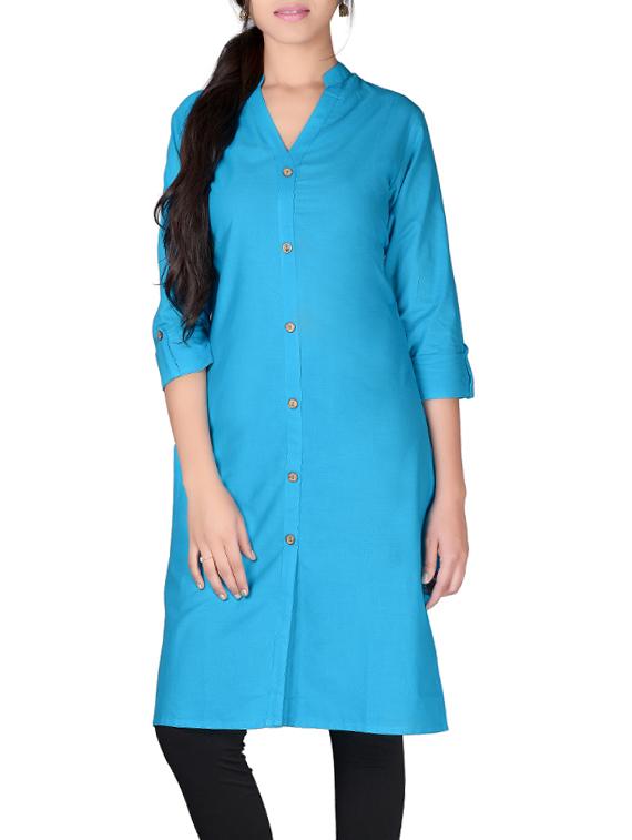 blue cotton straight solid kurta - 13160571 - Zoom Image - 1