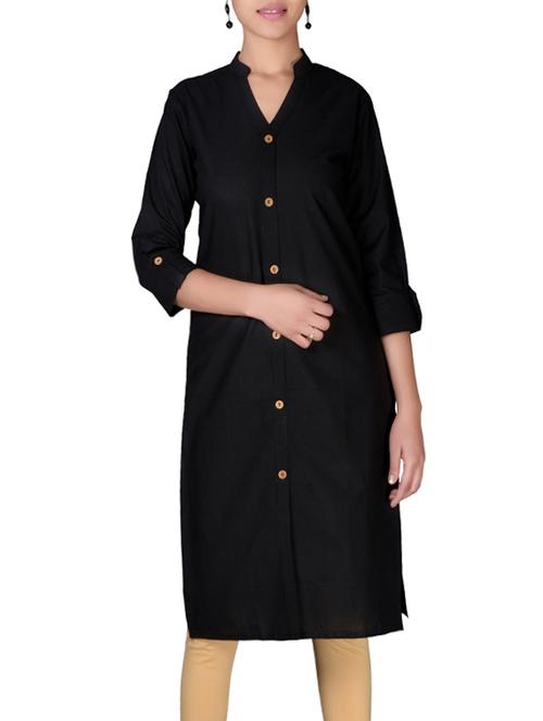 black cotton straight kurta solid with roll up sleeve - 13160575 - Standard Image - 1