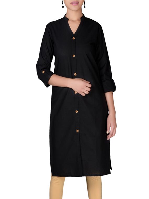 black cotton straight kurta solid with roll up sleeve - 13160575 - Zoom Image - 1