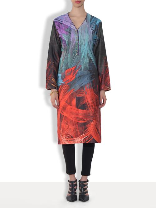 multicolored digital printed long sleeves woolen kurta - 1317509 - Standard Image - 1