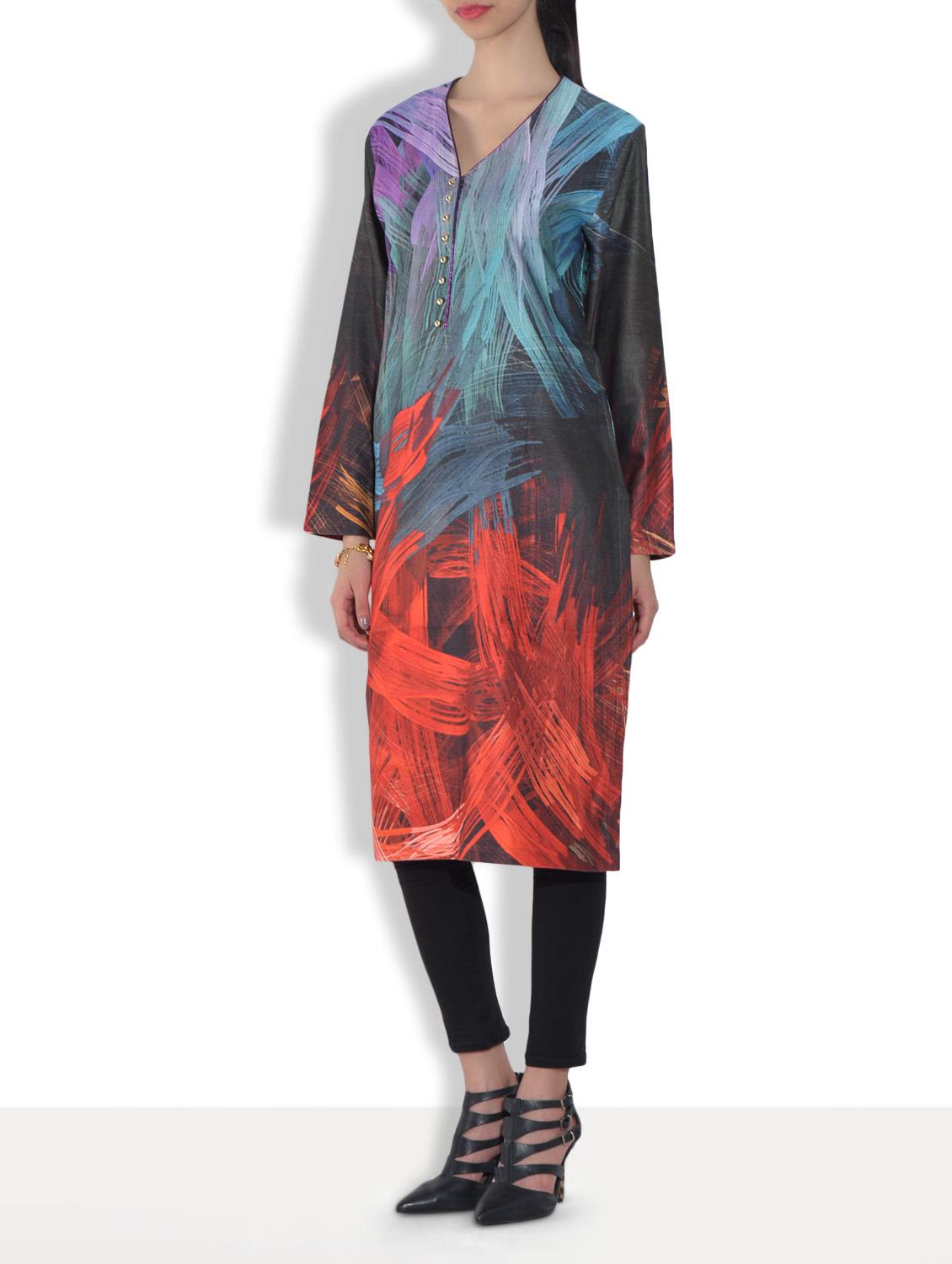 multicolored digital printed long sleeves woolen kurta - 1317509 - Zoom Image - 2