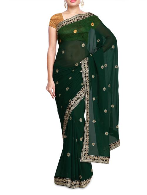 green faux georgette plain embroidered saree - 1317875 - Very Small Image - 1