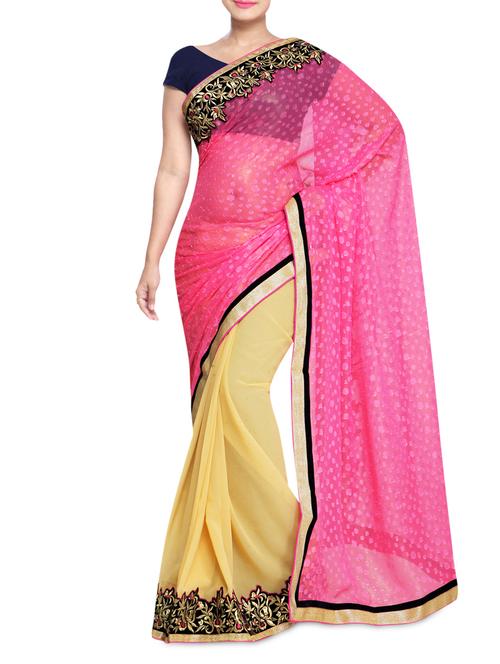 Beige and Pink Embroidered Saree - 1320512 - Very Small Image - 1
