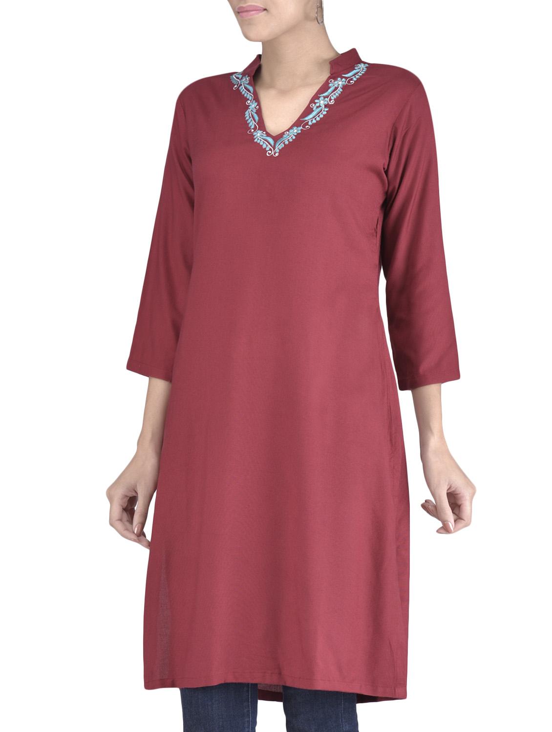 red rayon embroidered kurti - 1320577 - Zoom Image - 2