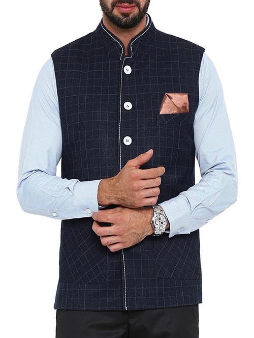 navy blue cotton nehru jacket - 13207000 - Standard Image - 1