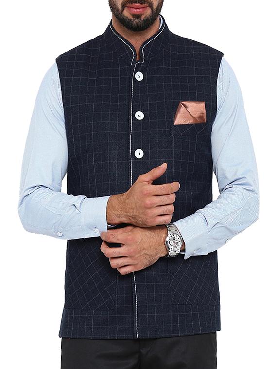 navy blue cotton nehru jacket - 13207000 - Zoom Image - 1