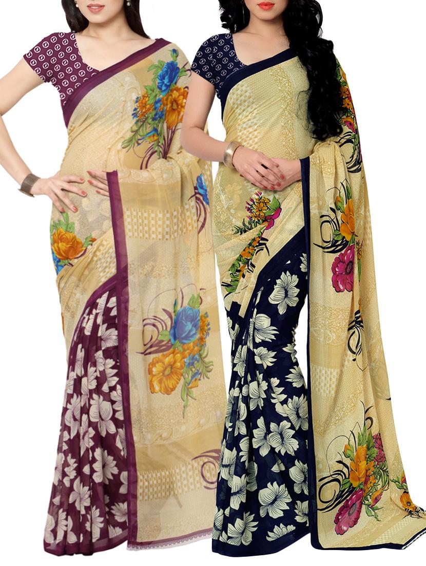 multi colored faux georgette printed combos saree with blouse - 13213796 - Zoom Image - 1