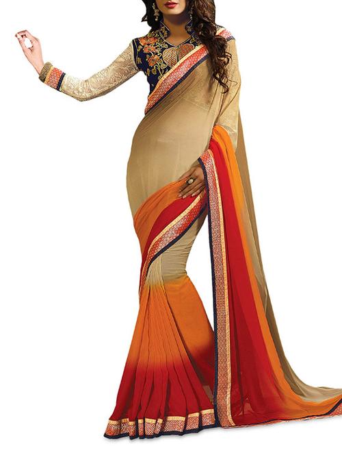 beige and orange georgette ombre saree with blouse - 1322709 - Standard Image - 1