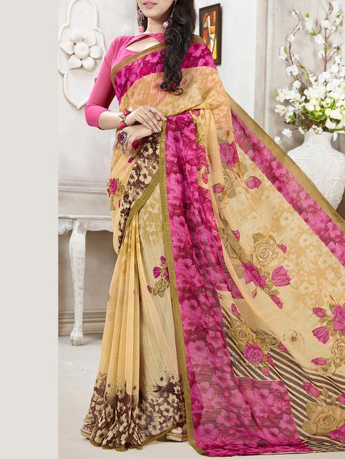 beige faux georgette printed saree with blouse - 13237554 - Very Small Image - 1