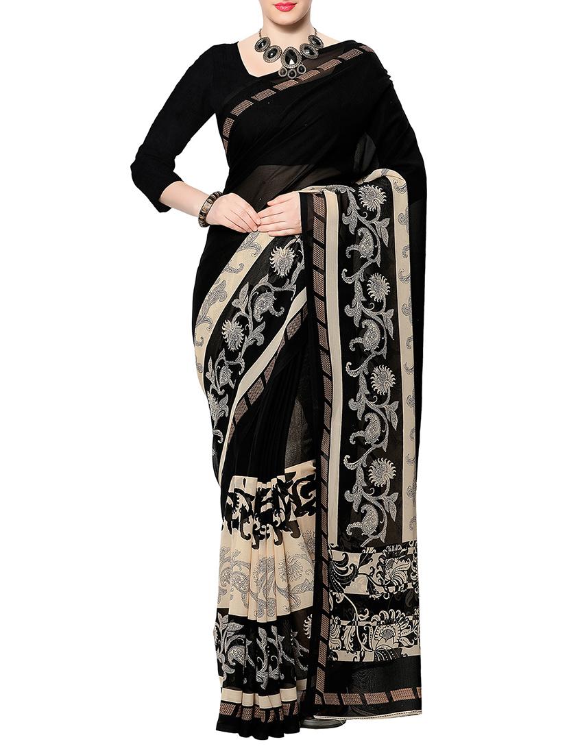 black georgette printed saree with blouse - 13262831 - Zoom Image - 1