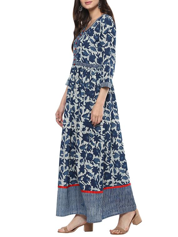 blue cotton bagru printed a-line kurta - 13269328 - Zoom Image - 2