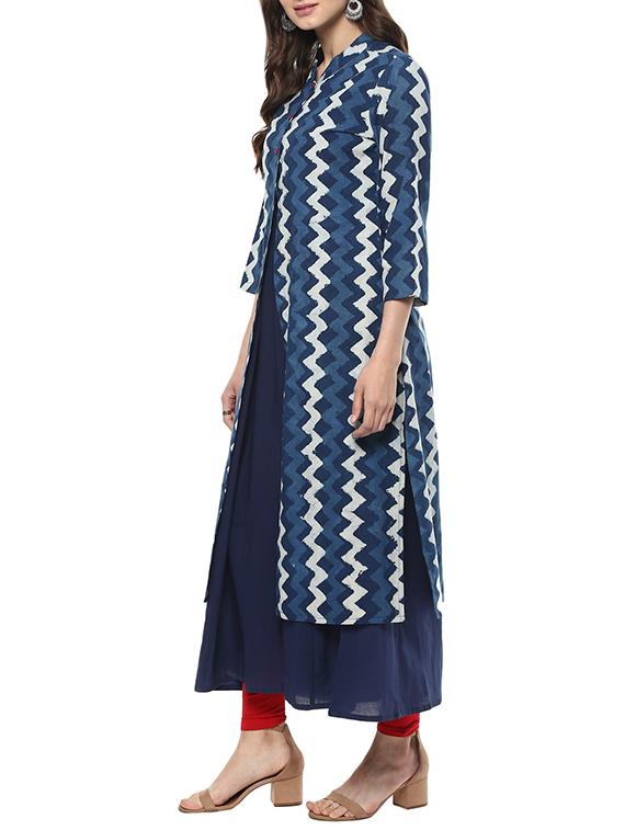 blue cotton bagru printed a-line kurta - 13269329 - Zoom Image - 2
