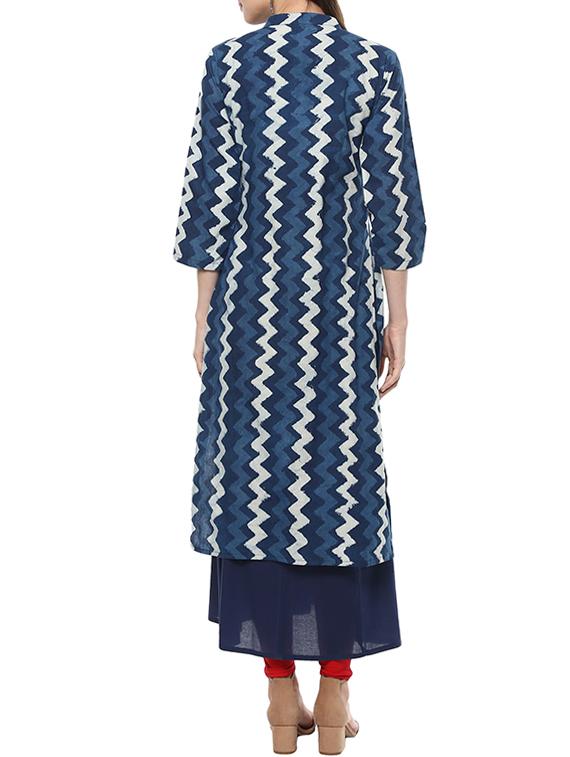 blue cotton bagru printed a-line kurta - 13269329 - Zoom Image - 3