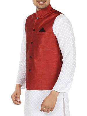 solid maroon polyester nehru jacket - 13270140 - Standard Image - 2