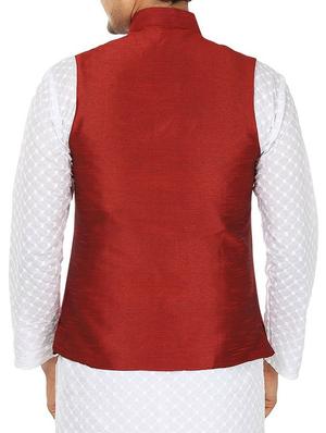 solid maroon polyester nehru jacket - 13270140 - Standard Image - 3