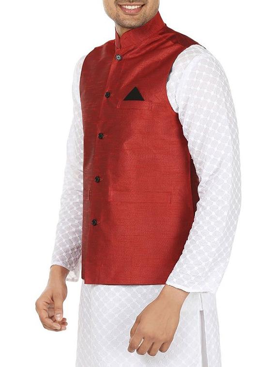 solid maroon polyester nehru jacket - 13270140 - Zoom Image - 2