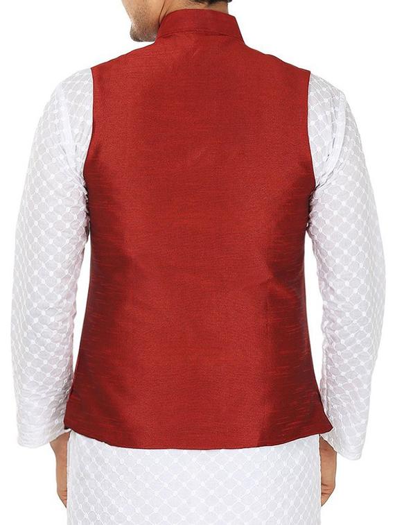 solid maroon polyester nehru jacket - 13270140 - Zoom Image - 3