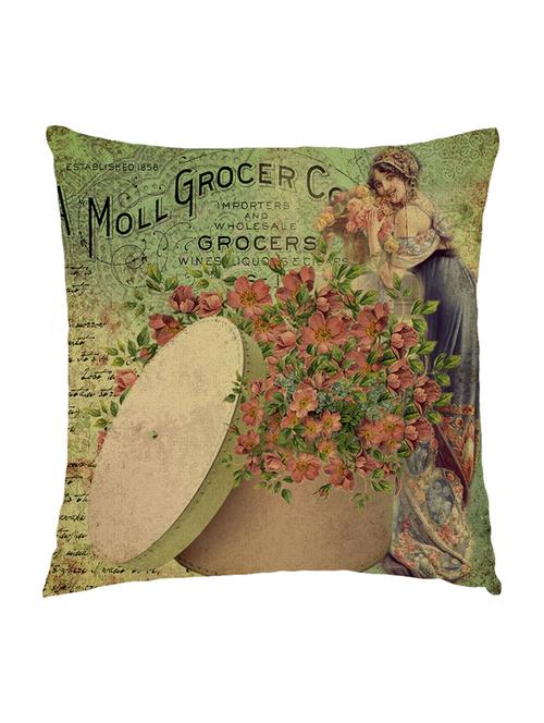 digitaly printed cushion cover of an vintage flowers and standing lady - 13285604 - Standard Image - 1