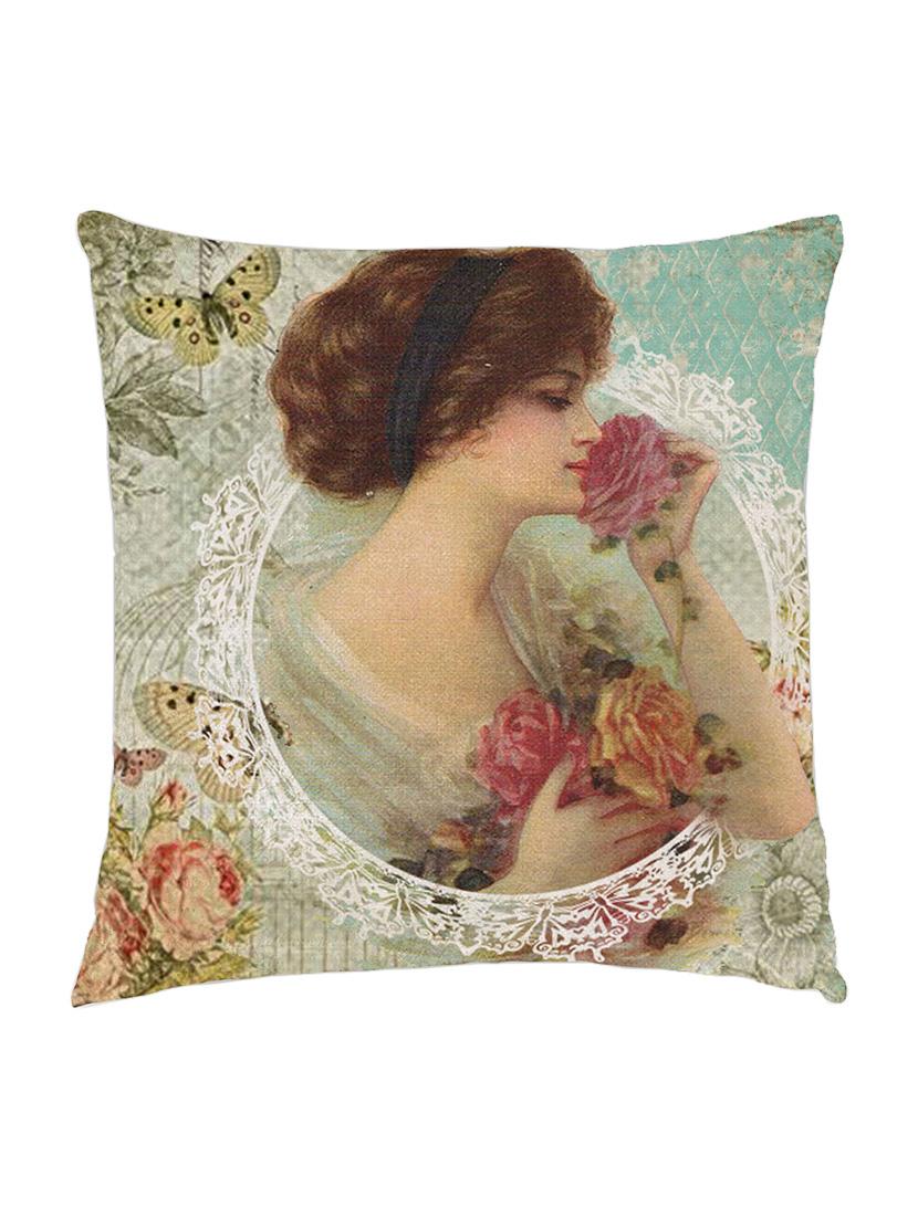 digitaly printed cushion cover of an vintage lady enjoying the fragrance of flowers. - 13285611 - Zoom Image - 1
