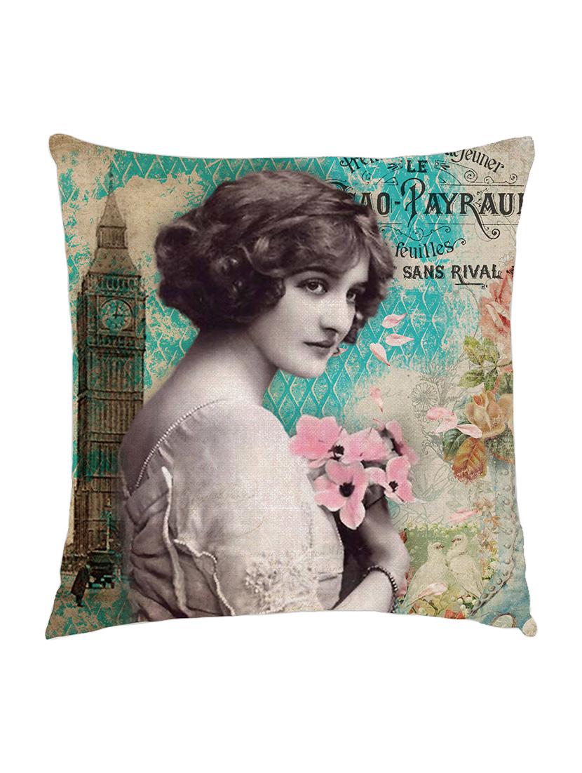 digitaly printed cushion cover of an vintage lady standing with big ben - 13285612 - Zoom Image - 1