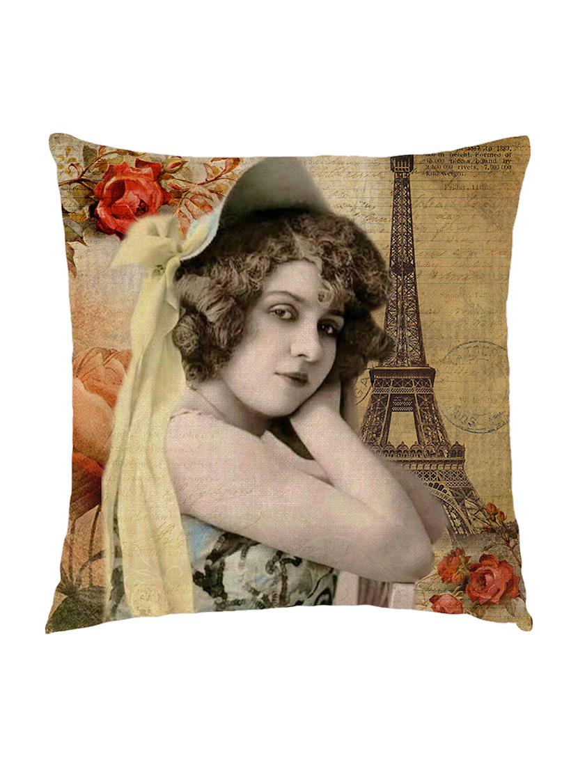 digitaly printed cushion cover of an vintage lady standing with eiffle tower. - 13285614 - Zoom Image - 1