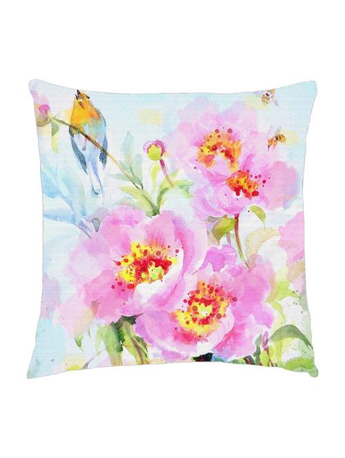 digitally printed cushion cover of pink flowers and a small bird - 13285625 - Standard Image - 1