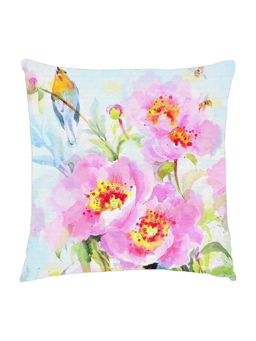 digitally printed cushion cover of pink flowers and a small bird - 13285625 - Zoom Image - 1
