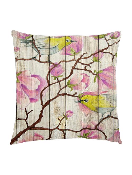 digitally printed cushion cover of pink flowers and birds painted on wooden fence - 13285627 - Standard Image - 1