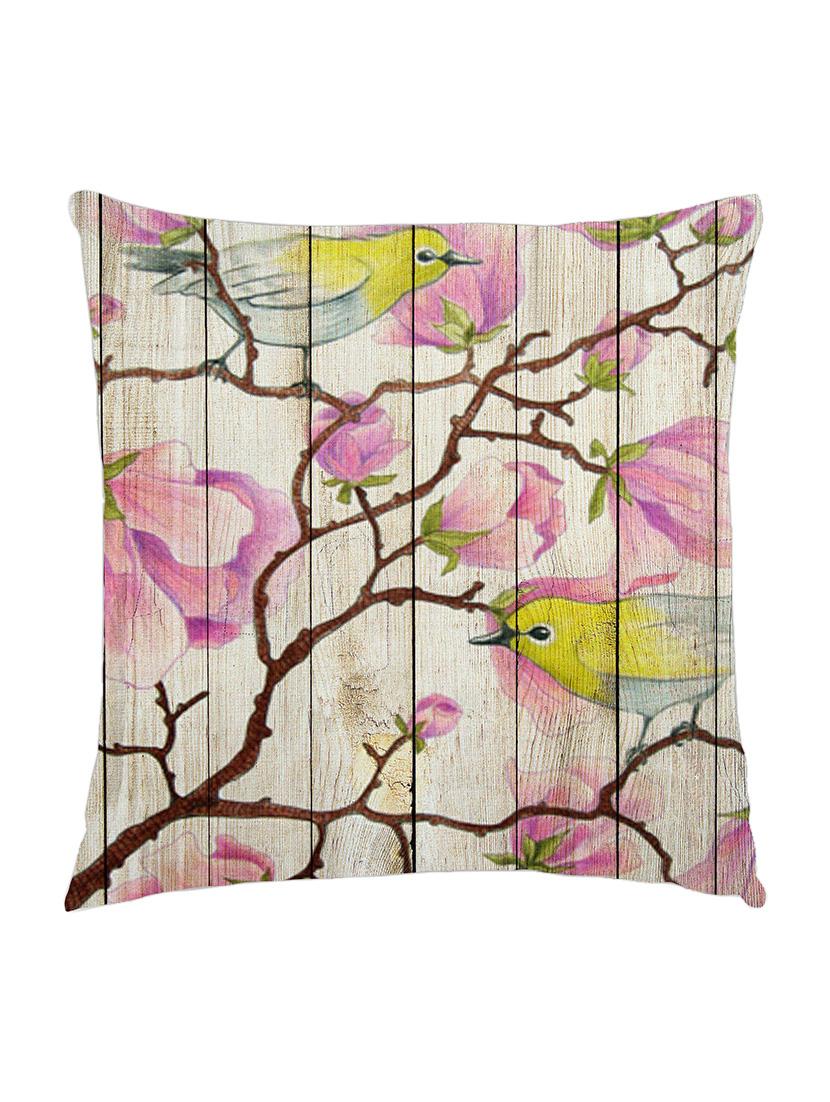 digitally printed cushion cover of pink flowers and birds painted on wooden fence - 13285627 - Zoom Image - 1