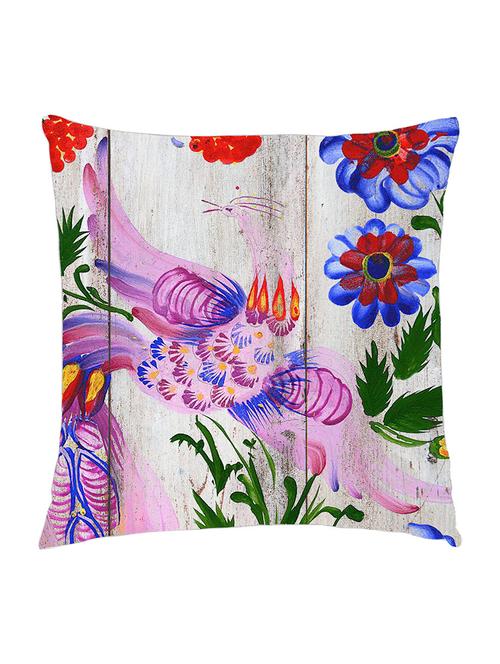 digitally printed cushion cover of watercolor painted flowers and bird on wooden plank - 13285632 - Standard Image - 1