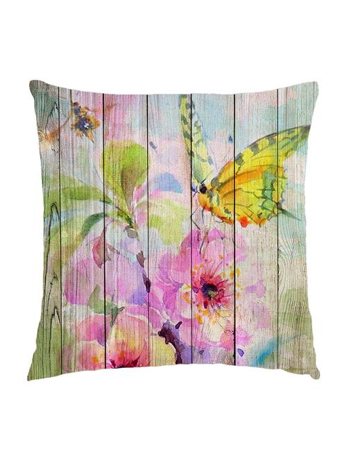 digitally printed cushion cover of pink flowers and butterflies on wooden plank - 13285671 - Standard Image - 1