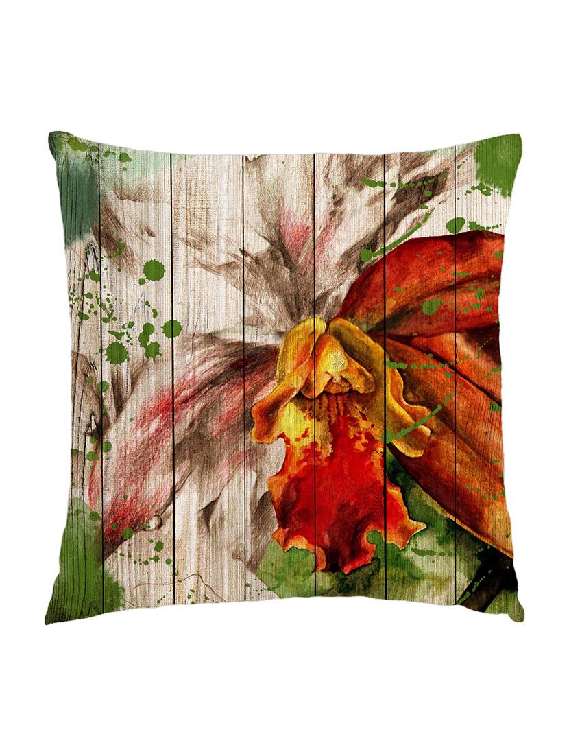 digitally printed cushion cover of big watercolor look orange flower on wooden plank - 13285675 - Zoom Image - 1