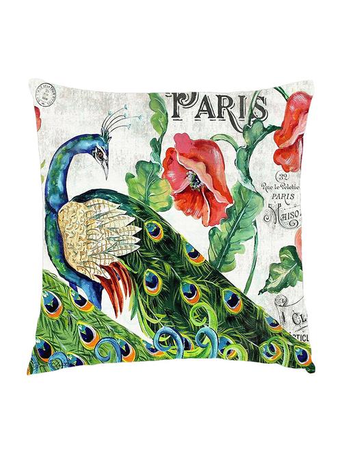 digitally printed cushion cover of a peacock and red flowers and paris text - 13285679 - Standard Image - 1
