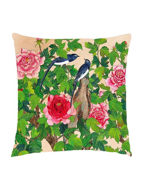 digitally printed cushion cover of leaves, flowers and birds - 13285681 - Standard Image - 1
