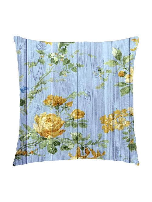 digitally printed cushion cover of blue wooden plank with yellow flowers - 13285699 - Standard Image - 1
