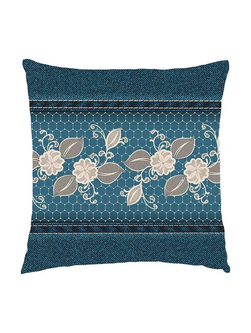 digitally printed cushion cover of denim look with floral texture in centre - 13285708 - Standard Image - 1