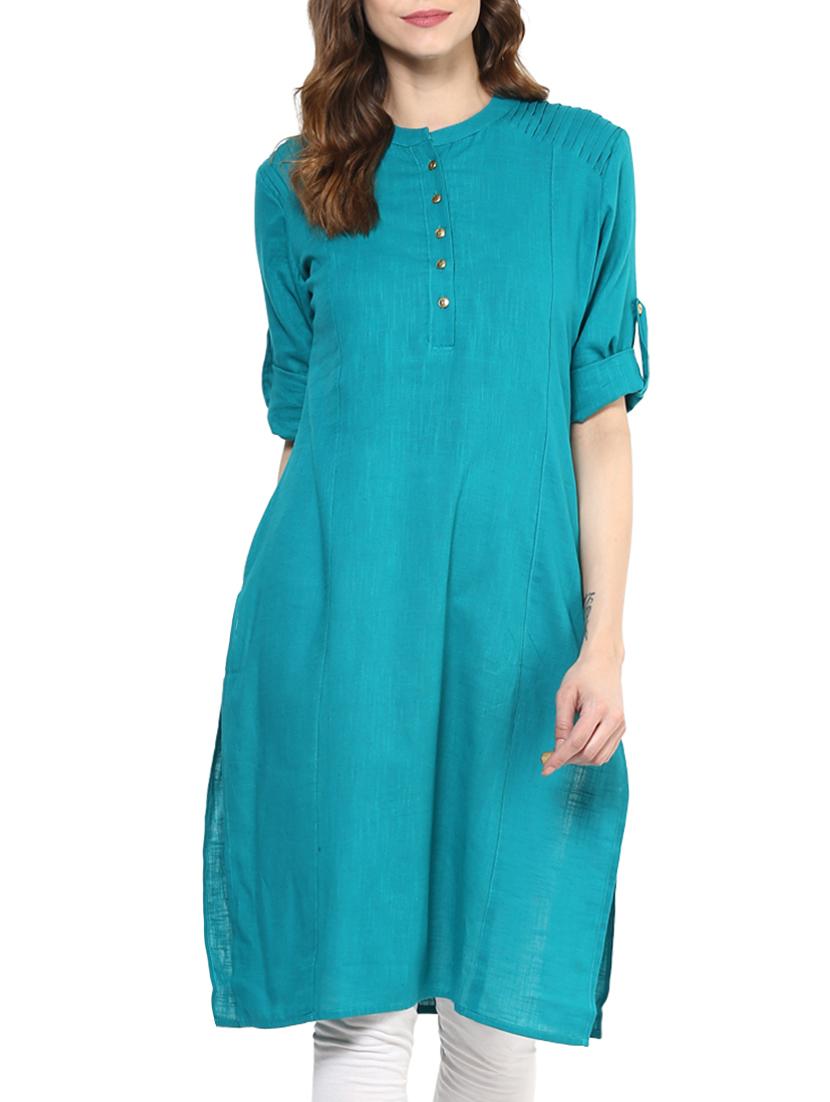 blue cotton blend straight solid kurta - 13290287 - Zoom Image - 1