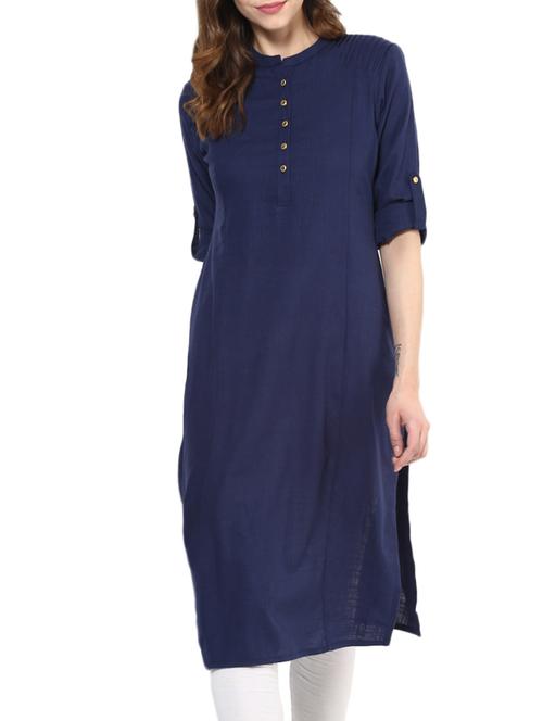 blue cotton blend straight solid kurta - 13290288 - Standard Image - 1