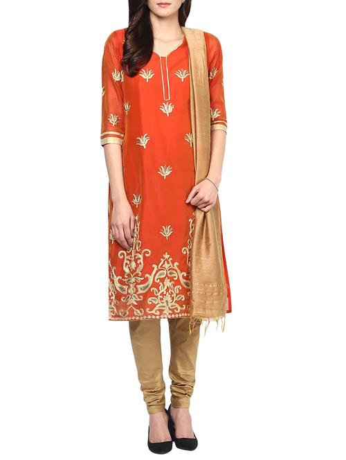 orange chanderi embroidered stitched churidaar suit - 13296929 - Standard Image - 1