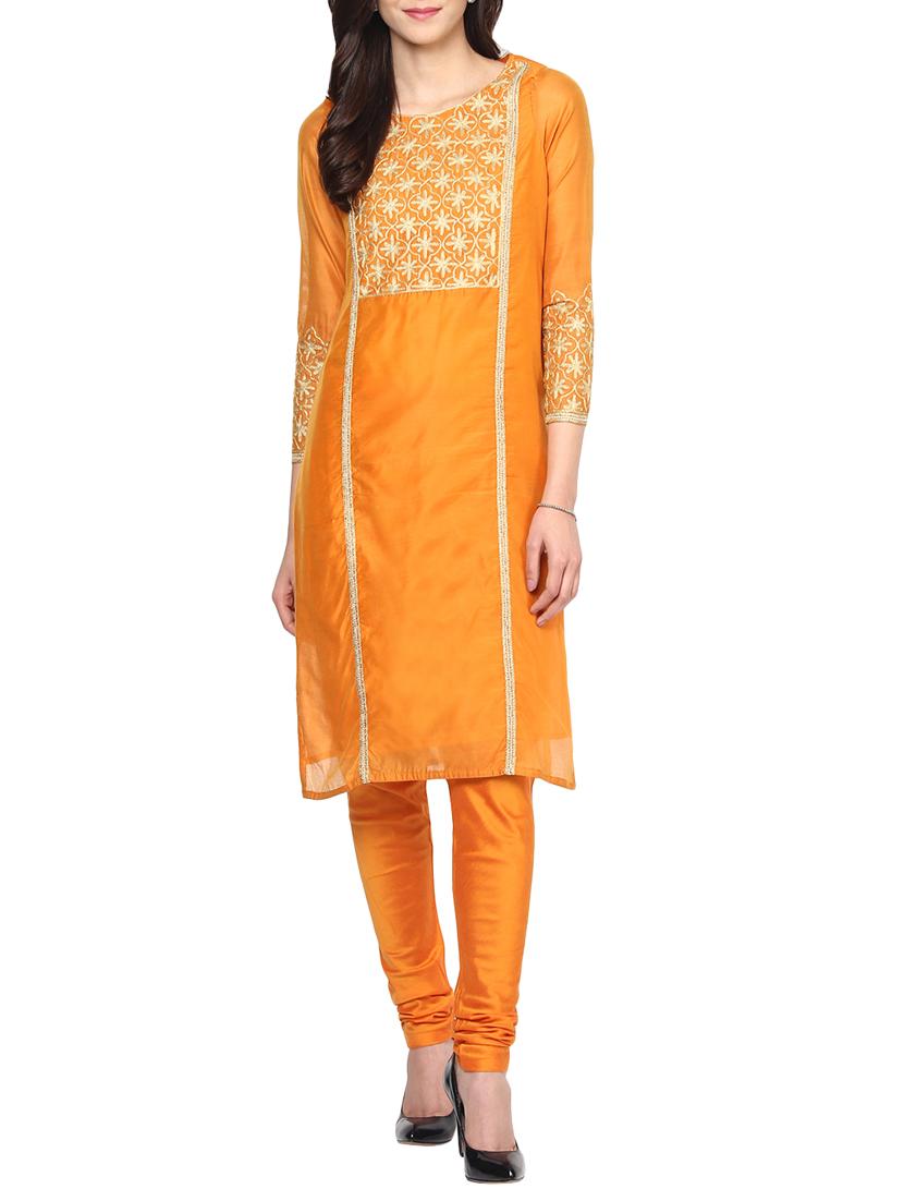 orange chanderi embroidered stitched churidaar suit - 13296932 - Zoom Image - 2