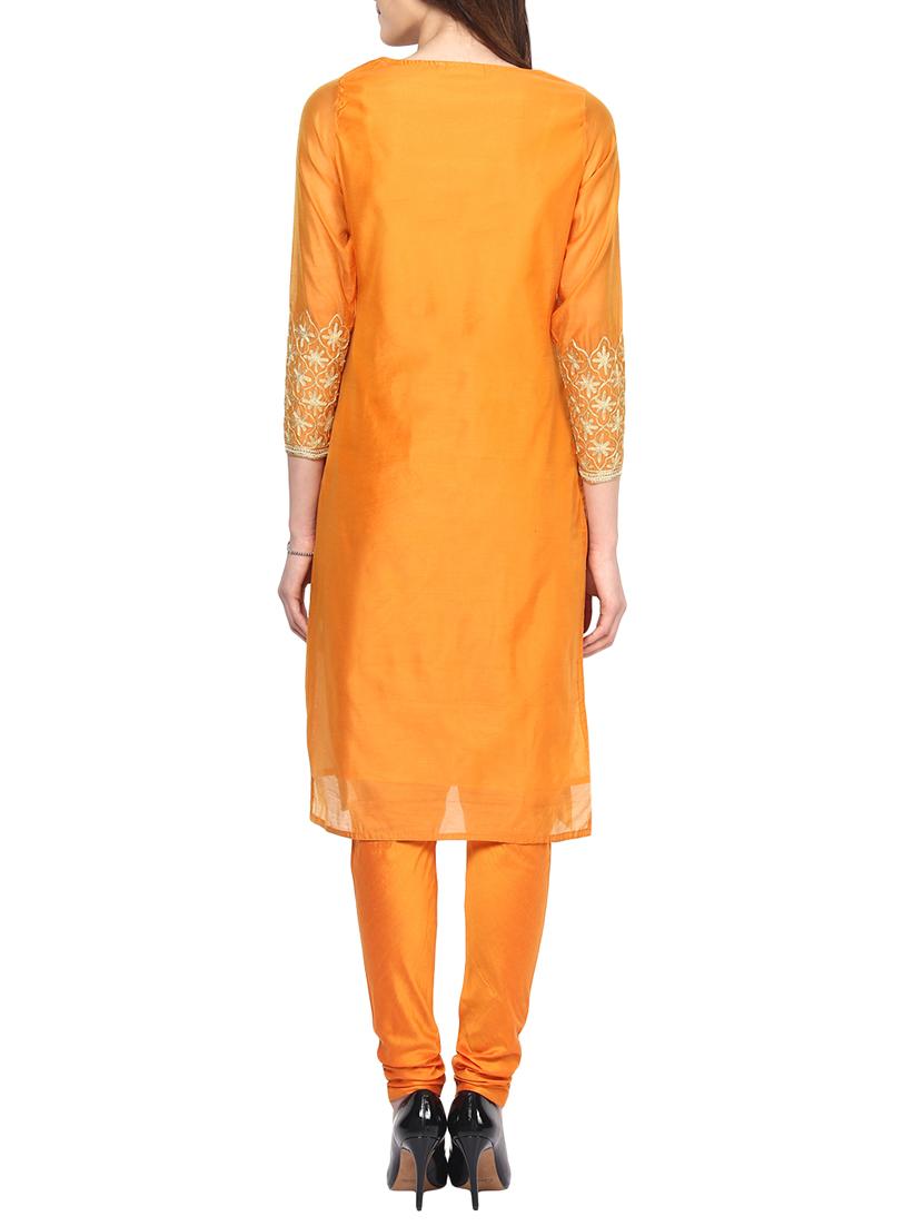 orange chanderi embroidered stitched churidaar suit - 13296932 - Zoom Image - 3